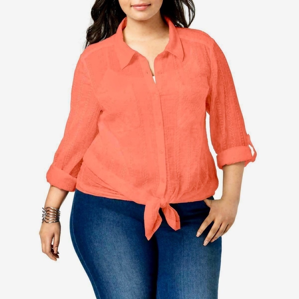 Style&Co Women's Peach Berry Button Front Adjustable Sleeve Top Plus 0X/2X/3X